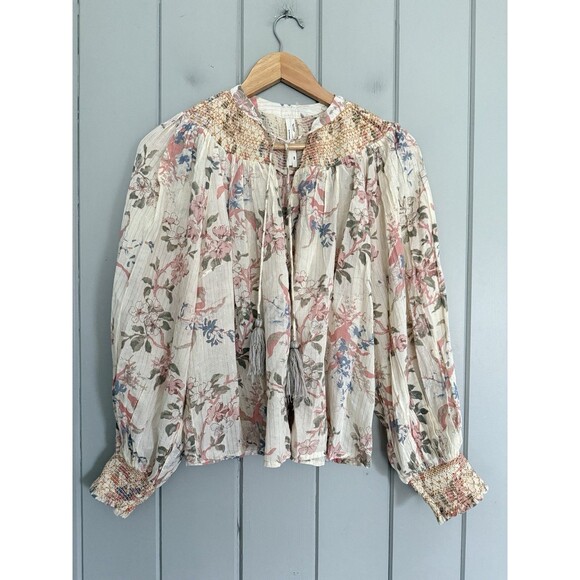 Anthropologie Tops - Anthropologie Top XXS Long Sleeve Smocked Lurex Bohemian Cream Pink Boho